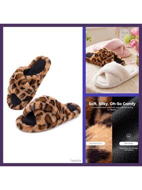 Faux Angora Fur Open Toe Slippers with Memory Foam and Non-Slip Sole